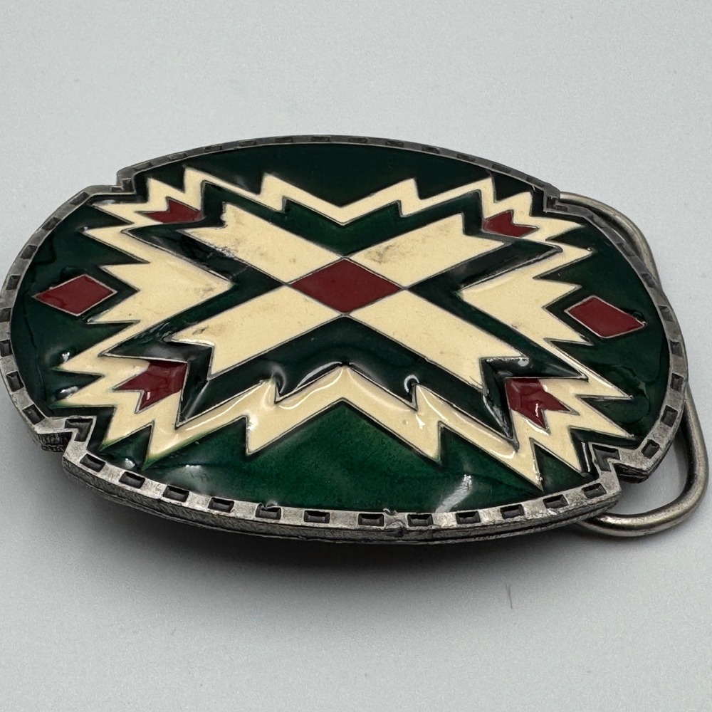 Vintage 1988 Siskiyou Buckle Co Green Enamel Southwestern Belt Buckle‎ J-89 USA